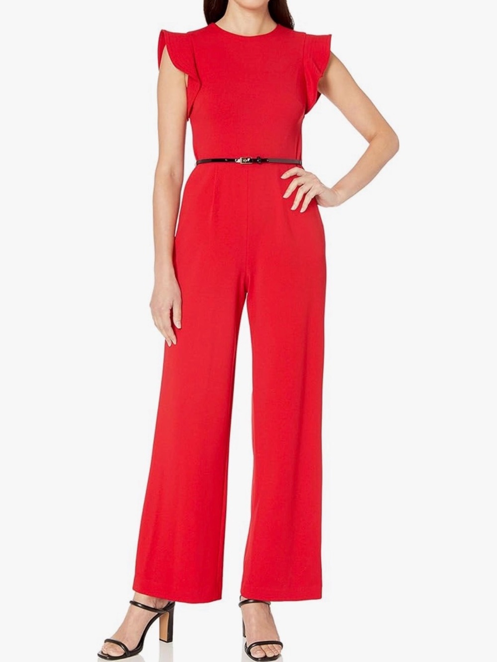 Calvin Klein | Women’s Plus Size | Red Belted Jumpsuit with Flutter Sleeves